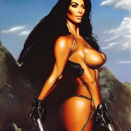 Image similar to epic portrait of kim kardashian by frank frazetta and boris vallejo