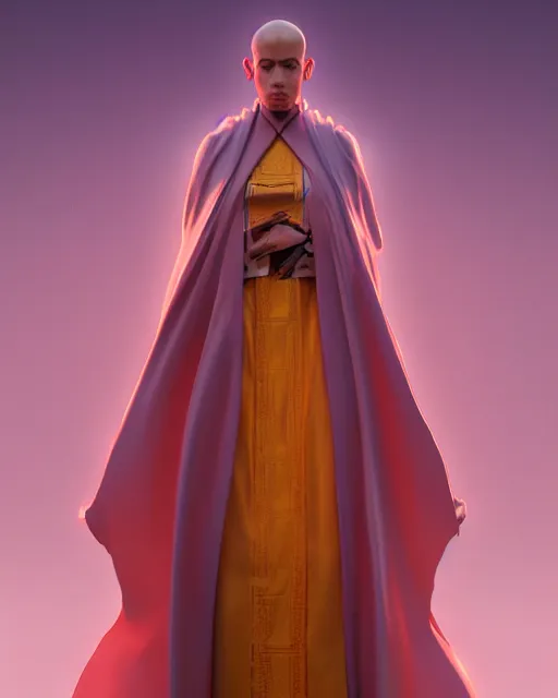 Image similar to a robot monk wearing a flowing cloak, vaporwave aesthetic, 3 d render, octane, zbrush, painting, artstation, concept art, smooth, sharp focus, illustration, art by artgerm and greg rutkowski and alphonse mucha