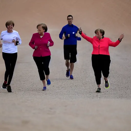 Image similar to angela merkel running marathon in sahara, hands in air, screaming and shouting