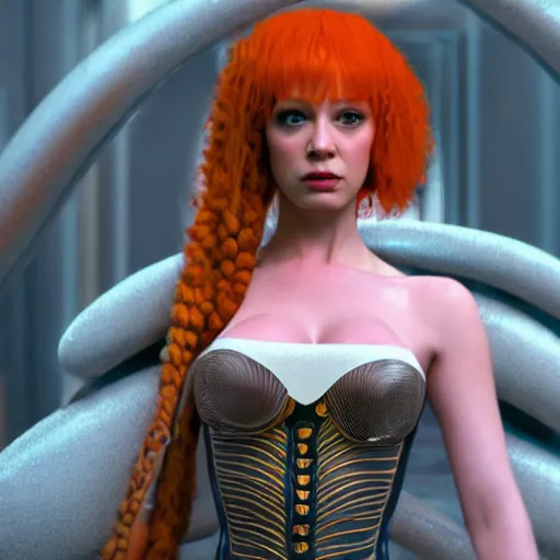 Image similar to a young Christina Hendricks dressed like lilu from the fifth element. Full frontal photography, bare, highly detailed, film still, looking at camera, symmetrical, Zeiss Lens, Octane Render, 8k resolution redshift