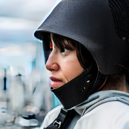 Image similar to photograph of a techwear woman, closeup, on the rooftop of a futuristic city, sigma 85mm f/1.4, 4k, depth of field, high resolution, 4k, 8k, hd, full color