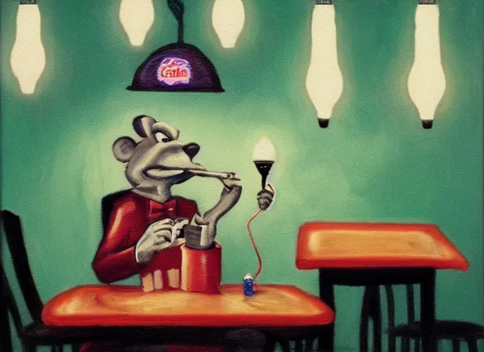 Image similar to chuck e cheese, depressed smoking cigarette at small table lit by a single hanging lightbulb, dark subconscious painting