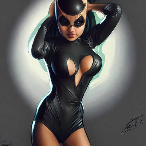 Image similar to full figure ultra realistic illustration, selena gomez as catwoman, intricate, elegant, highly detailed, digital painting, artstation, concept art, smooth, sharp focus, illustration, art by artgerm and greg rutkowski and alphonse mucha