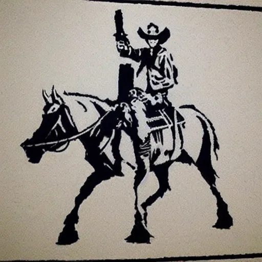 Image similar to heavily armed cowboy, drawn by banksy