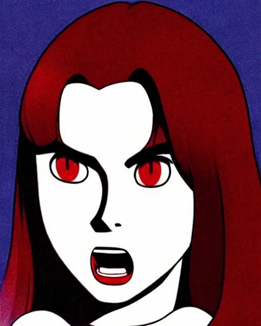 Prompt: style of osamu tezuka : : gorgeous vampire amy adams : : sharp teeth fangs, open mouth sneer : : symmetrical face, symmetrical eyes : : gorgeous red hair : : magic lighting, low spacial lighting : :