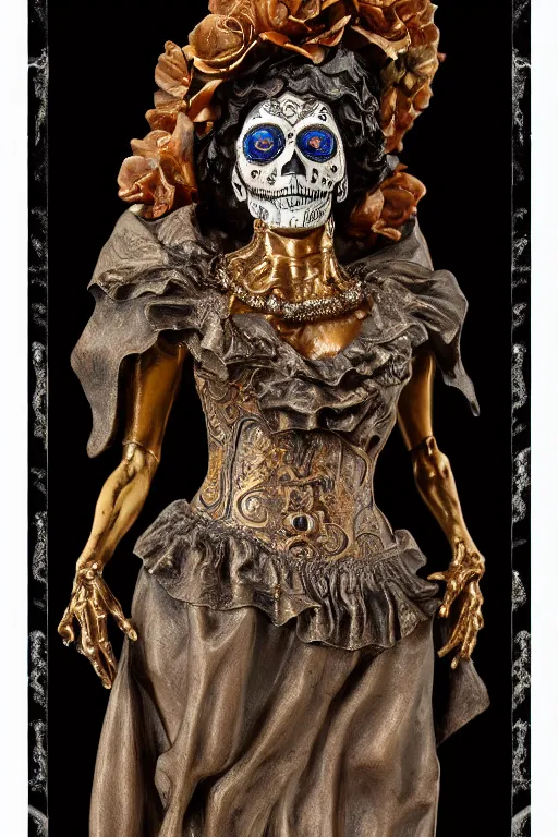 Prompt: full view of an intricate and detailed La Catrina statue made on polished bronze with scars sculpted by Bernini and Nicola Samori, style of Maxfield Parrish and Bastien Lecouffe-Deharme, ultra realistic, volumetric light