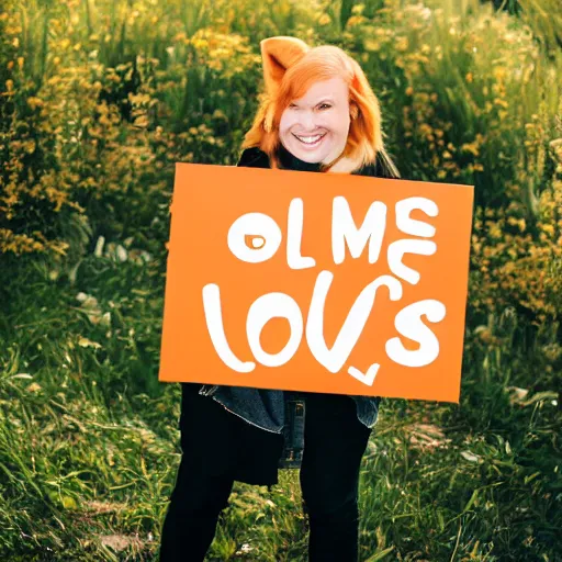 Image similar to golden hours, cute orange tabby cat holding a sign that says