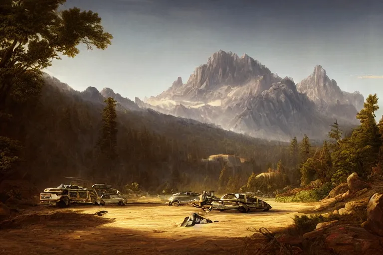 Image similar to a futurisitic well designed car by jeep and honda and lamborghini and boeing, military, mountains in the distance, day, summer, painting by asher brown durand and star wars movie, ultra mega detailed, beautiful realistic photo, professional photography, perfect