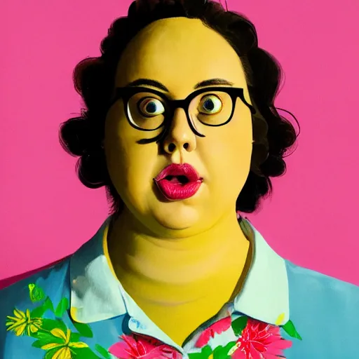 Image similar to colorful and festive cute young plus size todd solondz with tan skin, clear sharp todd solondz face, wearing yellow floral blouse. full body, rich vivid pastel colors, ambient lighting, dynamic lighting, 4 k, atmospheric lighting, painted, intricate, highly detailed by francis bacon and charlie bowater and jenny saville