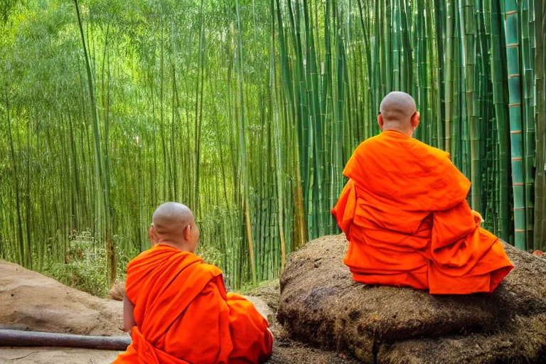 Prompt: a high quality photo of a panda monk, wearing orange clothes, meditating, sitting in front of a temple. bamboo forest in the background, shinji aramaki