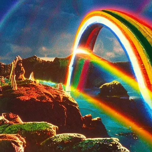 Image similar to rainbow bridge of asgard, film still, highly detailed, shimmering, sparkling, magical