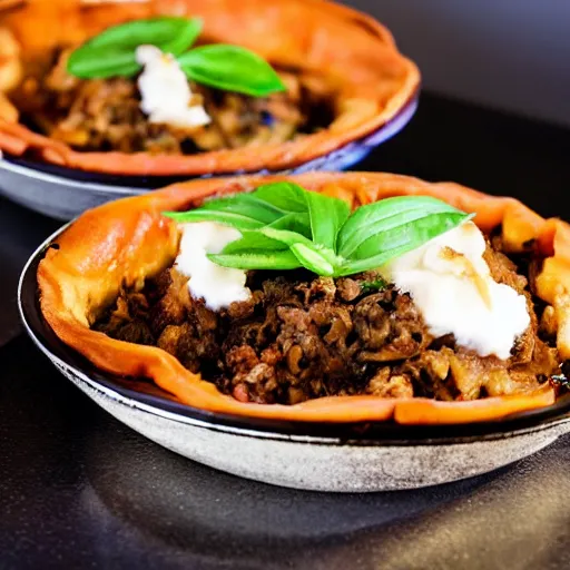 Prompt: a photograph of mousaka, food photography