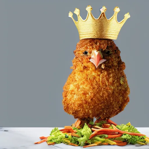 Prompt: standing breaded chicken with a crown of a king in top of it, hyper realistic, 4k