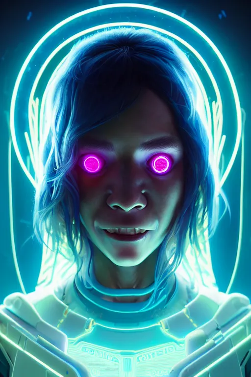 Image similar to portrait of a cute smiling bioluminescent creature, cyberpunk, dark retrowave, highly detailed, asymmetrical artwork, cinematic, hyperrealism, art stanley lau and artgerm and magali villeneuve and alphonse mucha, artstation, octane render, unreal engine, 8 k, aperture f 1. 2