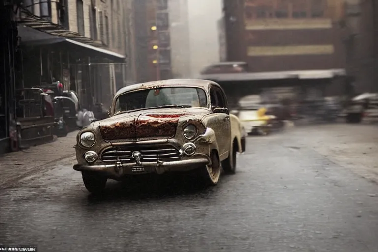 Prompt: street photography by saul leiter, in a new york clean alley, award winning photo of an ultra detailed intricate dirty vintage ford car speeding very fast on mud, fast shutter speed, motion blur, tiny gaussian blur, highly detailed, highly intricate, depth of field, trending on top gear