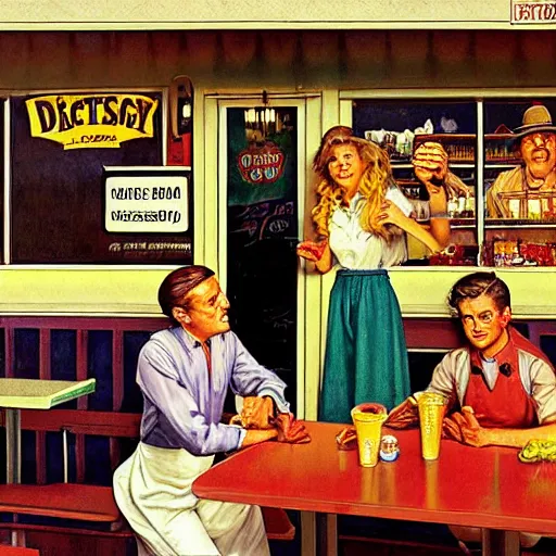 Image similar to a roadside diner open since the 7 0 s in ohio : with free coffee refills, daily specials, and a door you must never open, high quality high detail art by david mattingly and norman rockwell and nc wyeth, hd, realistic, photorealistic lighting, modern supernatural horror.