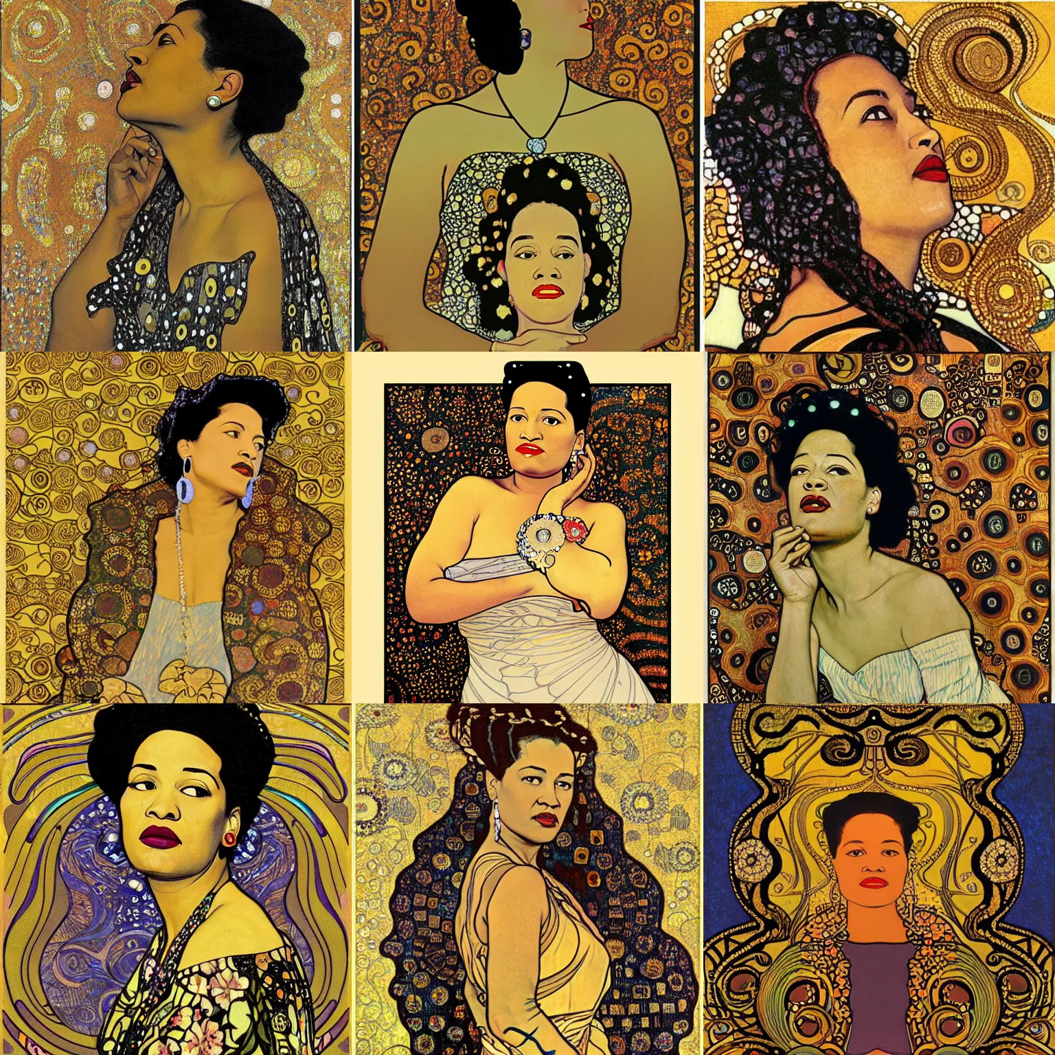 Prompt: Official portrait of billie holiday by gustav klimt and Alphonse Mucha in the style of art nouveau, masterpiece