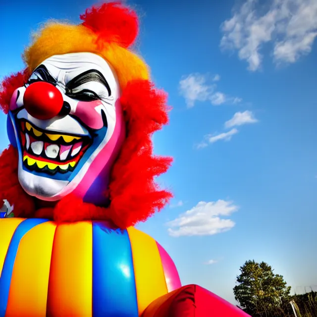 Image similar to scary clown made of bouncy castle, highly detailed, 8 k, hdr, smooth, sharp focus, high resolution, award - winning photo