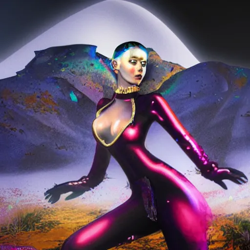 Image similar to high fantasy 1 9 8 0's wargame airbrushed artwork - inspired octane render, a model wearing an iridescent clear latex jacket and colorful iridescent glittery makeup posing in a volcanic black rock landscape