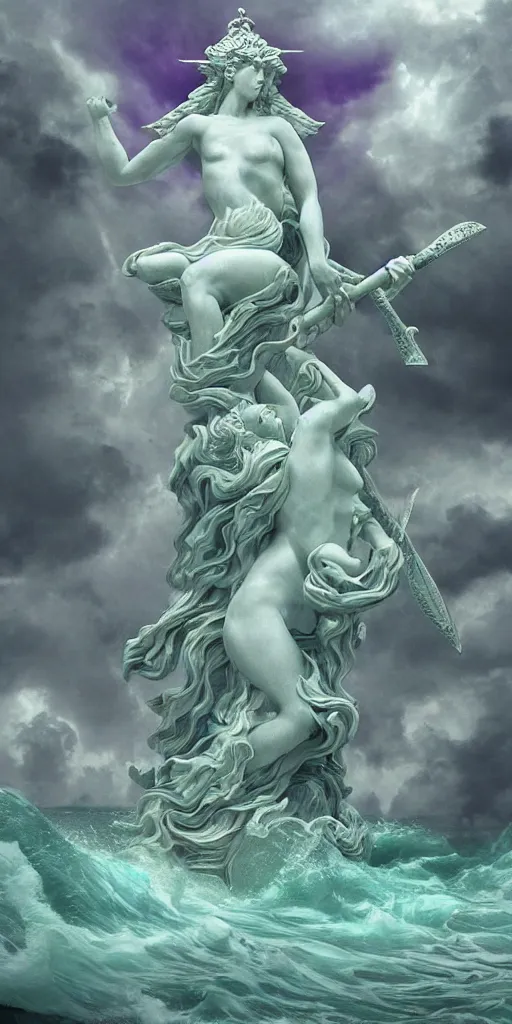 Image similar to gigantic marble statue of the goddess of the sea wielding a trident on an island. roiling waves at the base. scene lit by lightning. thunderclouds in the background. fantasy setting. magicians praying to the statue. purples and greens. fantasy aesthetic. extremely detailed. 4 k. digital art.