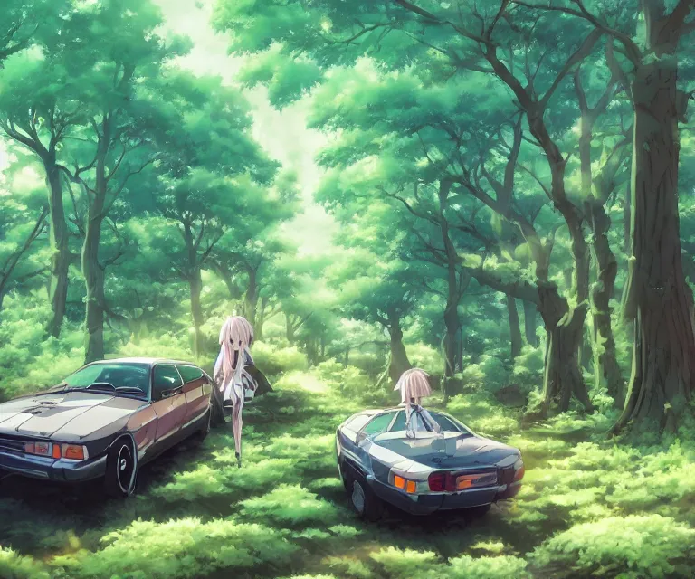 Image similar to car in a forest, anime fantasy illustration by tomoyuki yamasaki, kyoto studio, madhouse, ufotable, comixwave films, trending on artstation