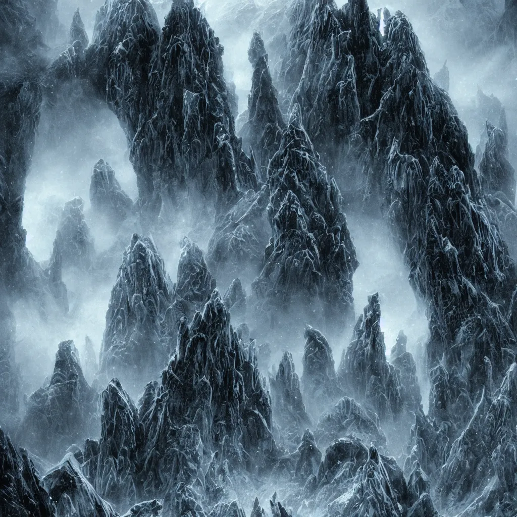 Prompt: haunted mountains of madness in antarctica surrounding an great monolithic city of insane alien towers and blasphemous megastructures, upward cinematic angle, by rodney matthews, michael kaluta, giger, p. craig russell and bill sienkiewicz, ghostly atmosphere, thick lush winter aesthetics, stunning composition, alien creature faces, monstrous animal gods, intricate, strange, elegant, digital art, hyperdetailed, colorful hyperrealism, brilliant photorealism, horror, masterpiece, 4k