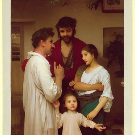 Image similar to a male patient at home with his wife and son standing by. happy, cheerful, smiling, intricate, face enhance, sharp focus, cinematic lighting, featured in artistation, 8 k, art by greg rutkowski, william adolphe bouguereau