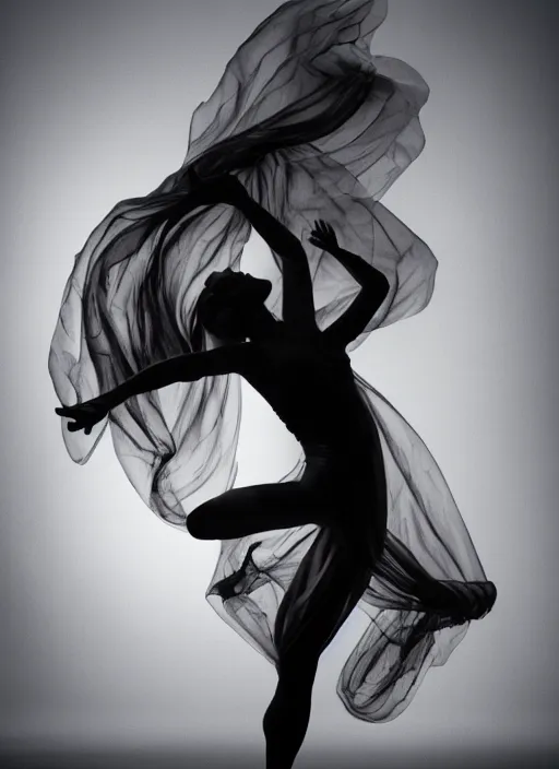 Image similar to a Photorealistic dramatic hyperrealistic render of a beautiful Female smoke dancer by Ken Brower and Deborah Ory of NYC Dance project,Lois Greenfield,Flowing cloth and smoke,Beautiful dynamic dramatic dark moody lighting,volumetric,shadows,cinematic atmosphere,Octane render,8K