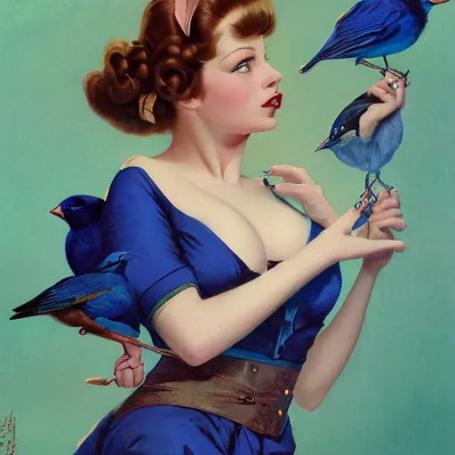 Image similar to portrait of a pinup girl holding an indigo bunting, bird, the bird is wearing a bowtie, by greg rutkowski, rossdraws, gil elvgren, enoch bolles, anime, porcelain skin, very coherent