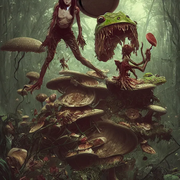 Prompt: Carnivore godlike scary fairy eating a frog alive , giant mushrooms , psychedel tint , Junji Ito and Greg rutkowski , masterpiece , trending on artstation