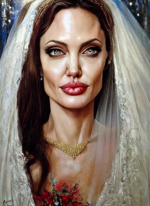 Prompt: Angelina Jolie as a bride at her wedding, wedding portrait art by Karol Bak