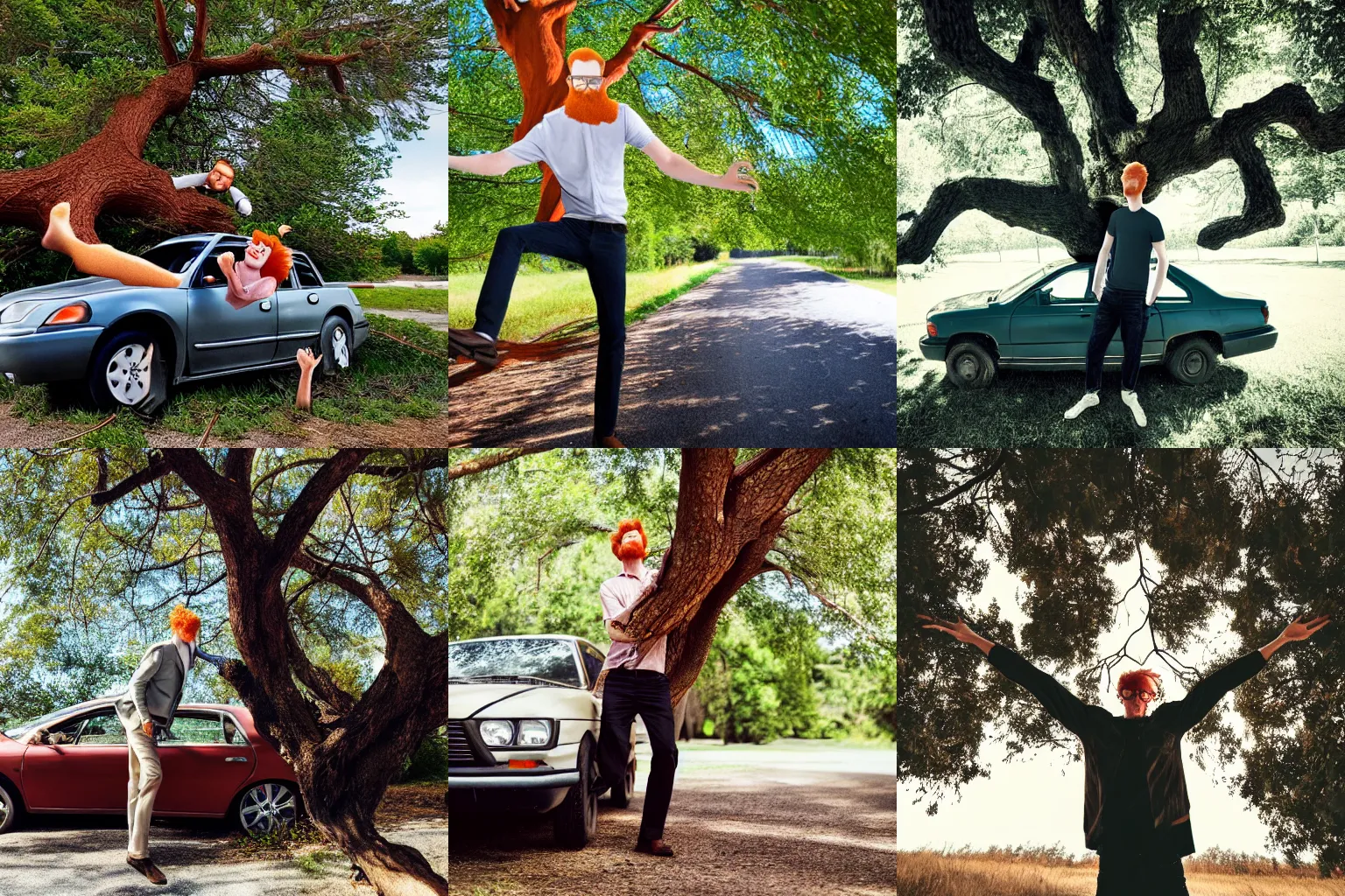 Prompt: A tall redhead man with glasses crashing in a tree with his car