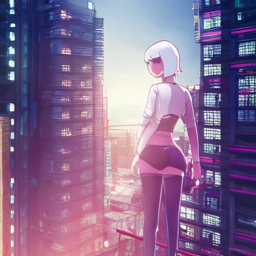 Image similar to a girl stands on top of a multi-storey building, anime style, 4k, cyberpunk city in the background, very detailed, by Ilya Kuvshinov