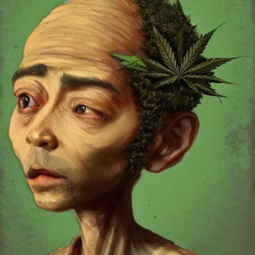 Prompt: a cute little man made of hemp, with a head in the form of a cannabis bloom, like baby grut, green skin, character, art by james jean and greg rutkowski!!, realistic face, digital art, chibi style, golden ratio, perfect composition, trending on artstation, 8 k