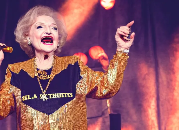 Image similar to publicity photo still of betty white as a gangsta rapper covered in gold chains, with grills in teeth and wearing a jumpsuit live on stage, 8 k, live concert lighting, mid shot