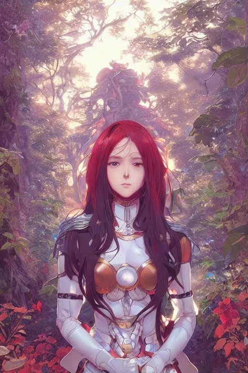 Image similar to anime key visual of a beautiful young female ironman intricate, magical forest, stunning, highly detailed, digital painting, artstation, smooth, hard focus, illustration, art by artgerm and greg rutkowski and alphonse mucha