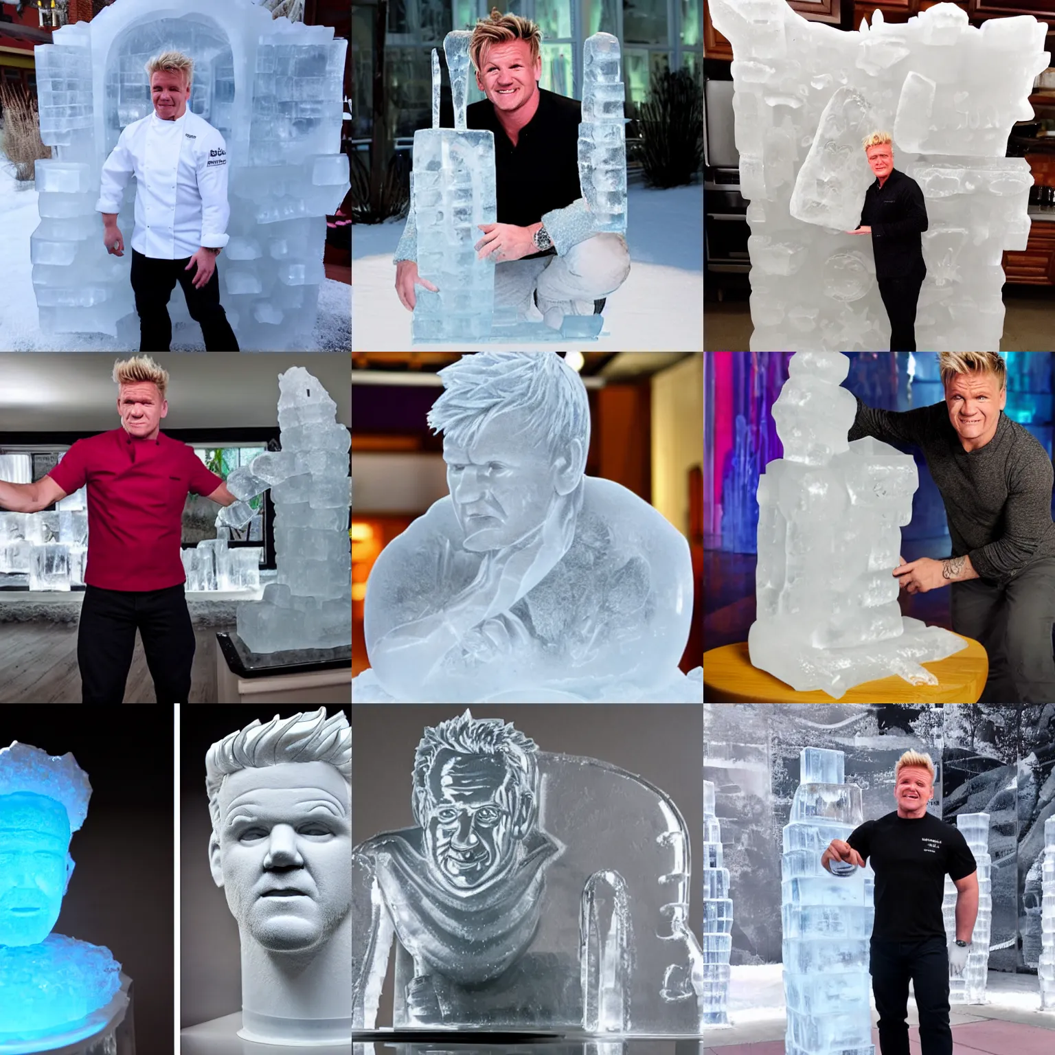 Prompt: an ice sculpture of gordon ramsay