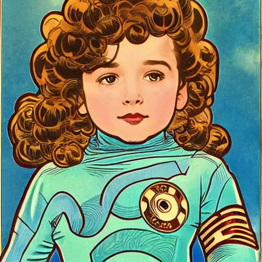 Image similar to a cute little girl with a mischievous face and short brown wavy curly hair. she is dressed as an astronaut. well composed, clean elegant painting, beautiful detailed face. comic book art by steve ditko and jack kirby and ( alphonse mucha )