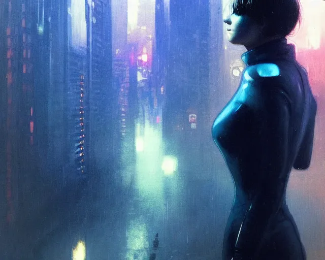 Image similar to 2 0 1 8 blade runner movie still girl look at the cityscape from roof perfect face fine realistic face pretty face reflective polymer suit tight neon puffy jacket blue futuristic sci - fi elegant by denis villeneuve tom anders zorn hans dragan bibin thoma greg rutkowski ismail inceoglu illustrated sand storm alphonse mucha