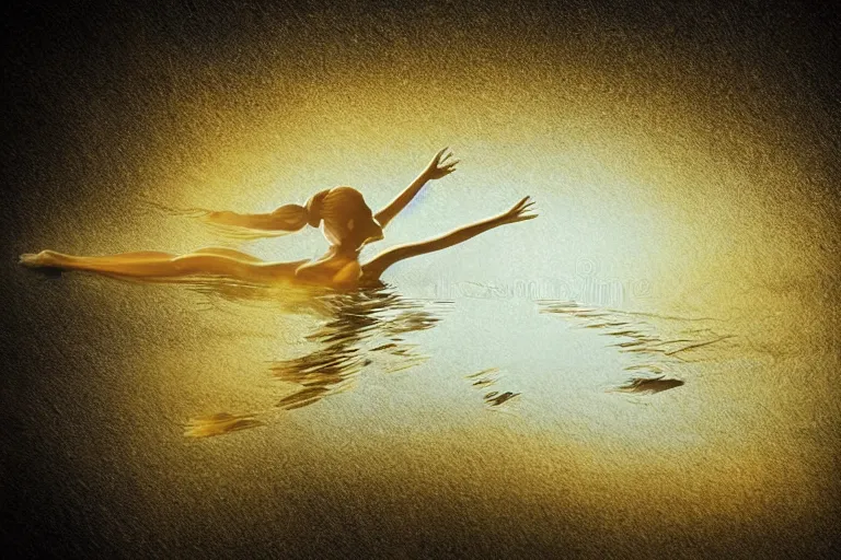 Image similar to beautiful serene swimming person, healing through motion, life, minimalistic golden and ink airbrush painting on white background