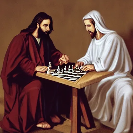 Image similar to the antichrist playing chess with jesus