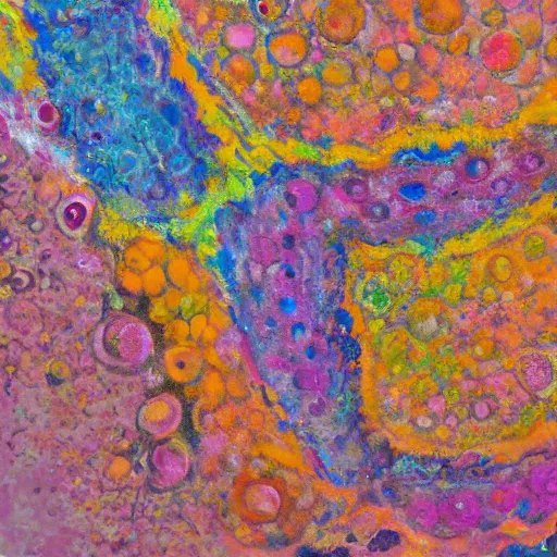 Image similar to abstract oil painting of complex cellular structures