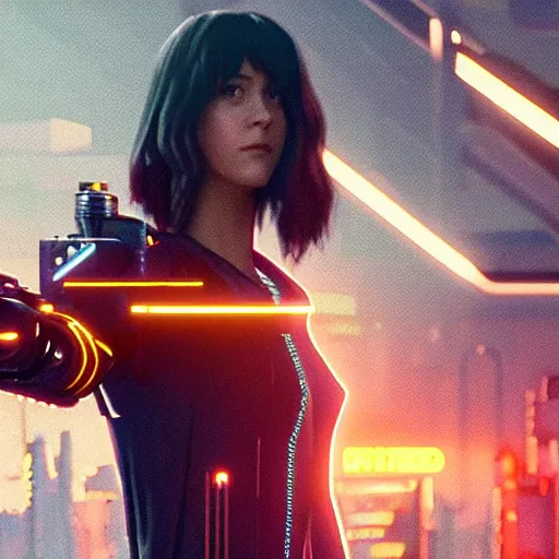 Image similar to film still of mary elizabeth winstead in cyberpunk 2 0 7 7 ( 2 0 2 4 )