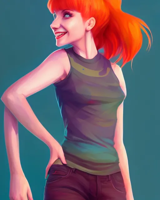 Image similar to a portrait of a beautiful full body Hayley Williams on stage smiling and dancing, art by lois van baarle and loish and ross tran and rossdraws and sam yang and samdoesarts and artgerm, digital art, highly detailed, intricate, sharp focus, Trending on Artstation HQ, deviantart, unreal engine 5, 4K UHD image