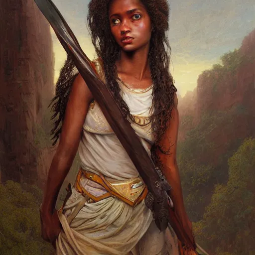 Image similar to artstation concept of a beautiful girl holding a sword in both hands, brown skin, sweaty skin, symmetrical face, casual white garment, brown canyon background, shiny colorful, hyperdetailed, artstation trending, world renowned artists, worth1000.com, historic artworks society, antique renewel, cgsociety, by greg rutkowski, by Gustave Dore, Deviantart