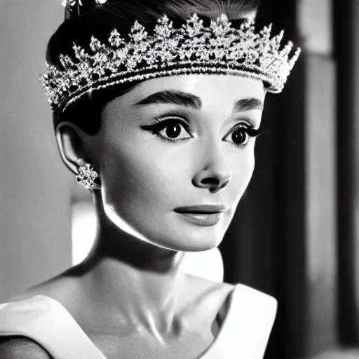 Image similar to portrait of audrey hepburn as a crowned queen, ultra realistic, canon 3 5 mm photography