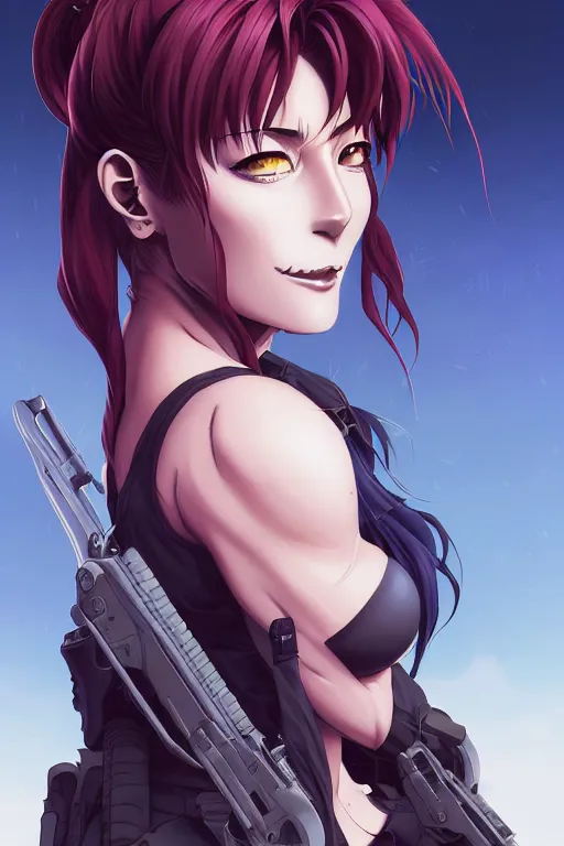 Image similar to a portrait of revy from black lagoon manga, symmetrical eyes, symmetrical face, art by lois van baarle and loish and ross tran and rossdraws and sam yang and samdoesarts and artgerm, digital art, highly detailed, intricate, sharp focus, trending on artstation hq, deviantart, unreal engine 5, 4 k uhd image