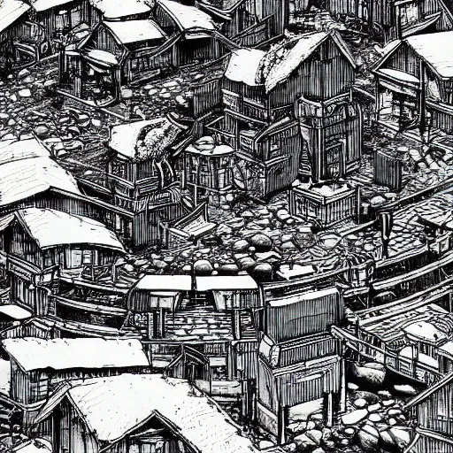 Prompt: Cyberpunk futuristic mountain village by Kentaro Miura, highly detailed, black and white