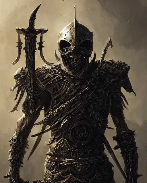 Image similar to skeletal warrior, intricate helm wielding a sword, hyper realistic, fantasy art, in the style of greg rutkowski, intricate, hyper detailed, smooth