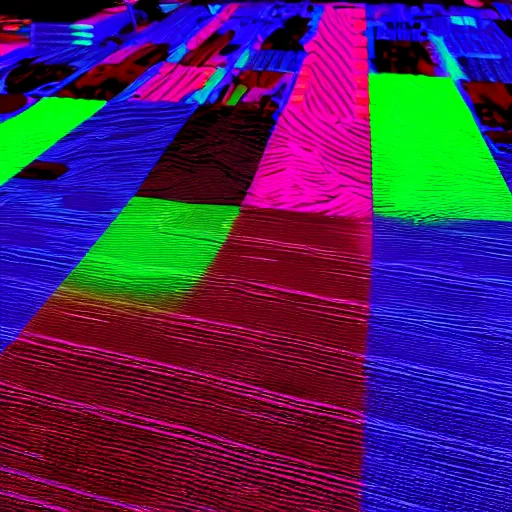 Prompt: Dark blacklight arcade carpet with neon lines and shapes, albedo game texture